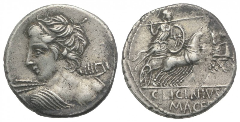 C. Licinius L.f. Macer, Rome, 84 BC. AR Denarius (19mm, 3.83g, 6h). Diademed bus...