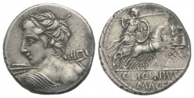 C. Licinius L.f. Macer, Rome, 84 BC. AR Denarius (19mm, 3.83g, 6h). Diademed bust of Vejovis l., seen from behind, hurling thunderbolt. R/ Minerva in ...
