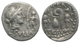 L. Sulla, Military mint, 84-3 BC. AR Denarius (17mm, 3.90g, 12h). Diademed head of Venus r.; to r., Cupid standing l., holding palm frond. R/ Capis an...