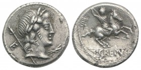 Pub. Crepusius, Rome, 82 BC. AR Denarius (17mm, 3.99g, 7h). Laureate head of Apollo r.; sceptre and E to l.; thunderbolt to lower r. R/ Horseman ridin...