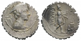 C. Mamilius Limetanus, Rome, 82 BC. AR Serrate Denarius (19mm, 3.90g, 9h). Draped bust of Mercury r., wearing winged petasus. R/ Ulysses walking r., h...