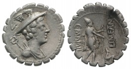 C. Mamilius Limetanus, Rome, 82 BC. AR Serrate Denarius (19mm, 3.87g, 10h). Draped bust of Mercury r., wearing winged petasus. R/ Ulysses walking r., ...