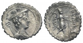 C. Mamilius Limetanus, Rome, 82 BC. AR Serrate Denarius (21mm, 3.65g, 3h). Draped bust of Mercury r., wearing winged petasus. R/ Ulysses walking r., h...