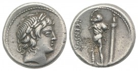L. Censorinus, Rome, 82 BC. AR Denarius (16mm, 4.38g, 3h). Laureate head of Apollo r. R/ Marsyas standing l., holding wineskin over shoulder; to r., c...