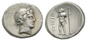 L. Censorinus, Rome, 82 BC. AR Denarius (18mm, 3.95g, 6h). Laureate head of Apollo r. R/ Marsyas standing l., holding wineskin over shoulder; to r., c...