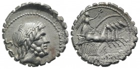 Q. Antonius Balbus, Rome, 83-82 BC. AR Serrate Denarius (19mm, 3.65g, 5h). Laureate head of Jupiter r. R/ Victory driving quadriga r., holding reins, ...