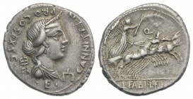 C. Annius T.f. T.n and L. Fabius L.f. Hispaniensis, Spain, 82-81 BC. AR Denarius (20mm, 3.97g, 6h). Diademed and draped bust of Anna Perenna r.; winge...