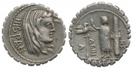 A. Postumius A.f. Sp.n. Albinus, Rome, 81 BC. AR Serrate Denarius (20mm, 3.91g, 7h). Veiled head of Hispania r. R/ Togate figure standing l., raising ...