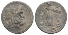 L. Procilius, Rome, 80 BC. AR Denarius (18mm, 3.82g, 7h). Laureate head of Jupiter r. R/ Juno Sospita walking r., hurling spear and holding shield; se...