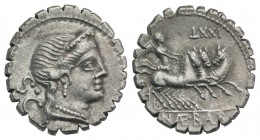 C. Naevius Balbus, Rome, 79 BC. AR Serrate Denarius (18mm, 3.85g, 6h). Diademed head of Venus r. R/ Victory driving galloping triga r., holding reins....