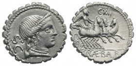 C. Naevius Balbus, Rome, 79 BC. AR Serrate Denarius (18mm, 3.98g, 6h). Diademed head of Venus r. R/ Victory driving galloping triga r., holding reins;...