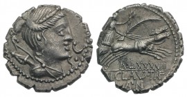 Ti. Claudius Ti.f. Ap.n. Nero, Rome, 79 BC. AR Serrate Denarius (18mm, 3.73g, 9h). Draped bust of Diana r., bow and quiver over shoulder. R/ Victory d...