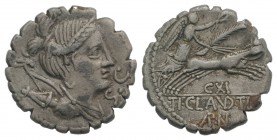 Ti. Claudius Ti.f. Ap.n. Nero, Rome, 79 BC. AR Serrate Denarius (17mm, 3.96g, 6h). Draped bust of Diana r., bow and quiver over shoulder. R/ Victory d...