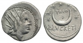 L. Lucretius Trio, Rome, 74 BC. AR Denarius (18mm, 3.84g, 5h). Radiate head of Sol r. R/ Seven stars around pellet within crescent moon. Crawford 390/...