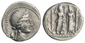 Cn. Egnatius Cn.f. Cn.n. Maxsumus, Rome, 76 BC. AR Denarius (18mm, 3.86g, 3h). Diademed and draped bust of Libertas r.; pileus to l. R/ Roma, holding ...