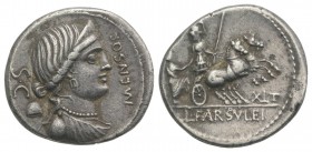 L. Farsuleius Mensor, Rome, 76 BC. AR Denarius (19mm, 3.96g, 6h). Diademed and draped bust of Libertas r.; pileus to l. R/ Roma holding spear and rein...
