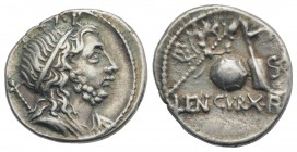 Cn. Lentulus, Spanish(?) mint, 76-75 BC. AR Denarius (20mm, 3.83g, 6h). Diademed and draped bust of Genius r., with sceptre over shoulder. R/ Sceptre ...