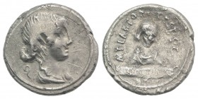 M. Plaetorius M.f. Cestianus, Rome, 57 BC. AR Denarius (19mm, 3.58g, 6h). Draped bust of Fortuna r. R/ Half-length, draped, facing bust of Sors; table...