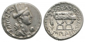 M. Plaetorius M.f. Cestianus, Rome, 57 BC. AR Denarius (17mm, 3.87g, 7h). Turreted and draped bust of Cybele r.; globe below chin, forepart of lion be...