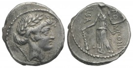 Q. Pomponius Musa, Rome, 56 BC. AR Denarius (17mm, 3.94g, 6h). Laureate head of Apollo r.; sceptre to l. R/ Melpomene, the Muse of Tragedy, wearing lo...