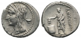 L. Cassius Longinus, Rome, 60 BC. AR Denarius (19mm, 3.94g, 6h). Veiled and draped bust of Vesta l.; L to l., calix to r. R/ Voter standing l., droppi...
