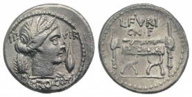 L. Furius Cn.f. Brocchus, Rome, 63 BC. AR Denarius (18mm, 3.79g, 6h). Head of Ceres r., wearing wreath of grain ears, a lock of hair falling down her ...