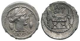 L. Furius Cn.f. Brocchus, Rome, 63 BC. AR Denarius (19mm, 3.57g, 6h). Head of Ceres r., wearing wreath of grain ears, a lock of hair falling down her ...