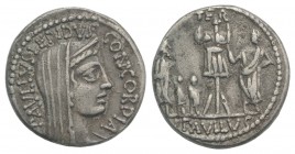 L. Aemilius Lepidus Paullus, Rome, 62 BC. AR Denarius (18mm, 3.99g, 1h). Veiled and diademed head of Concordia r. R/ Trophy; to l., three captives (Ki...