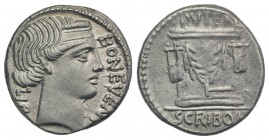 L. Scribonius Libo, Rome, 62 BC. AR Denarius (17mm, 3.82g, 6h). Diademed head of Bonus Eventus r. R/ Puteal Scribonianum (Scribonian wellhead), decora...