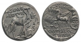 M. Aemilius Scaurus and Pub. Plautius Hypsaeus, Rome, 58 BC. AR Denarius (15.5mm, 3.62g, 6h). Nabatean king Aretas kneeling r., holding reins and oliv...