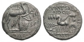 M. Aemilius Scaurus and Pub. Plautius Hypsaeus, Rome, 58 BC. AR Denarius (15.5mm, 3.78g, 6h). Nabatean king Aretas kneeling r., holding reins and oliv...