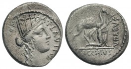 A. Plautius, Rome, 55 BC. AR Denarius (17mm, 3.76g, 9h). Turreted head of Cybele r. R/ Bacchius Judaeus (Aristobulus II, High Priest and King of Judae...