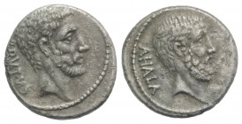 Q. Servilius Caepio (M. Junius) Brutus, Rome, 54 BC. AR Denarius (18mm, 2.96g, 9h). Bare head of L. Junius Brutus r. R/ Bare head of C. Servilius Ahal...