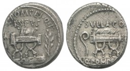 Q. Pompeius Rufus, Rome, 54 BC. AR Denarius (16mm, 3.84g, 12h). Curule chair flanked by arrow and laurel branch. R/ Curule chair flanked by lituus and...