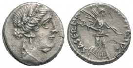 Roman Imperatorial, L. Hostilius Saserna, Rome, 48 BC. AR Denarius (16mm, 3.90g, 3h). Diademed female head (Pietas or Clementia?) r., wearing oak wrea...