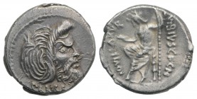 Roman Imperatorial, C. Vibius C.f. C.n. Pansa Caetronianus, Rome, 48 BC. AR Denarius (18mm, 4.06g, 6h). Mask of Pan r; pedum behind. R/ Jupiter Axurus...
