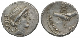 Roman Imperatorial, Albinus Bruti f., Rome, 48 BC. AR Denarius (18mm, 3.99g, 12h). Bare head of Pietas r. R/ Clasped hands holding winged caduceus. Cr...