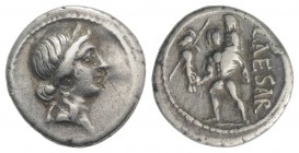 Julius Caesar, military mint in North Africa, late 48-47 BC. AR Denarius (17mm, 3.87g, 6h). Diademed head of Venus r. R/ Aeneas advancing l., holding ...