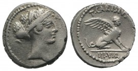 Roman Imperatorial, T. Carisius, Rome, 46 BC. AR Denarius (17.5mm, 4.08g, 3h). Head of Sibyl Herophile r., hair elaborately decorated with jewels and ...
