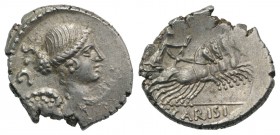 Roman Imperatorial, T. Carisius, Rome, 46 BC. AR Denarius (18mm, 3.62g, 3h). Draped and winged bust of Victory r. R/ Victory driving quadriga r. Crawf...