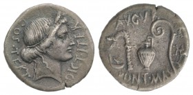 Julius Caesar, Utica(?), 46 BC. AR Denarius (15mm, 3.28g, 6h). Head of Ceres r., wearing wreath of grain. R/ Emblems of the augurate and pontificate: ...