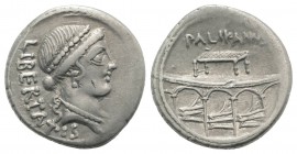 Roman Imperatorial, Lollius Palicanus, Rome, 45 BC. AR Denarius (19mm, 3.92g, 6h). Head of Libertas r., wearing pearl diadem, earring and pearl neckla...