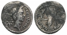 Julius Caesar, Rome, January-February 44 BC. AR Denarius (20mm, 3.59g, 12h). P. Sepullius Macer, moneyer. Wreathed head r.; star of eight rays to l. R...