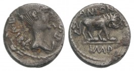 Mark Antony, Lugdunum, early 42 BC. AR Quinarius (11.5mm, 1.80g, 12h). Winged bust of Victory r., with the likeness of Fulvia. R/ Lion walking r. Craw...