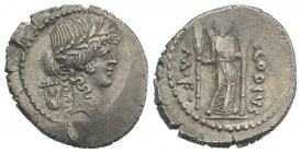 Roman Imperatorial, P. Clodius M.f. Turrinus, Rome, 42 BC. AR Denarius (20.5mm, 3.83g, 6h). Laureate head of Apollo r.; lyre behind. R/ Diana Lucifera...