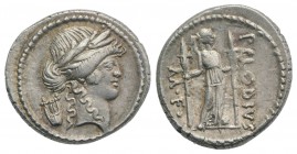 Roman Imperatorial, P. Clodius M.f. Turrinus, Rome, 42 BC. AR Denarius (19mm, 4.07g, 7h). Laureate head of Apollo r.; lyre behind. R/ Diana Lucifera s...