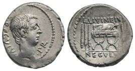 Roman Imperatorial, L. Livineius Regulus, Rome, 42 BC. AR Denarius (18mm, 3.86g, 2h). Bare head of the praetor L. Livineius Regulus r. R/ Curule chair...