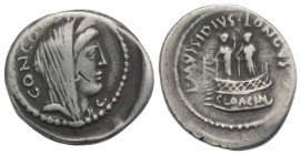 Roman Imperatorial, L. Mussidius Longus, Rome, 42 BC. AR Denarius (19mm, 3.63g, 3h). Diademed and veiled head of Concordia r.; crescent below chin. R/...