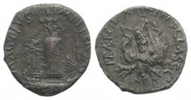 Sextus Pompey, Sicilian mint, 40-39 BC. AR Denarius (18mm, 2.75g, 9h). Quinquereme adorned with aquila, sceptre and trident sailing l. before the Phar...