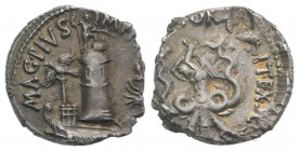 Sextus Pompey, Sicilian mint, 40-39 BC. AR Denarius (17mm, 3.86g, 6h). Quinquereme adorned with aquila, sceptre and trident sailing l. before the Phar...